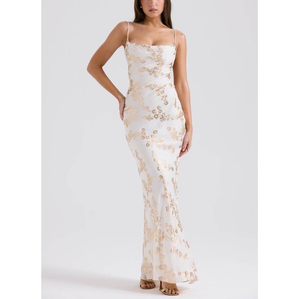 House of CB Capriana White and Gold Jacquard Satin Gown